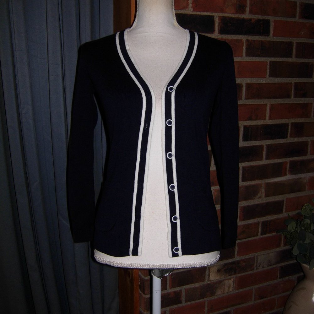 Tommy Hilfiger Navy Blue Cardigan Sweater White Trim Button Front XS